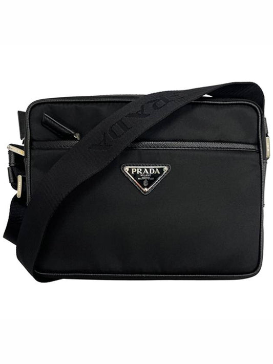 Re-Nylon Saffiano Leather Triangle Logo Cross Bag Black - PRADA - BALAAN 2