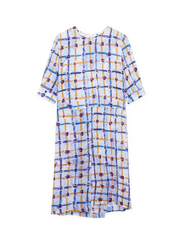 Floral Check Silk Dress Light Blue - MARNI - BALAAN 1