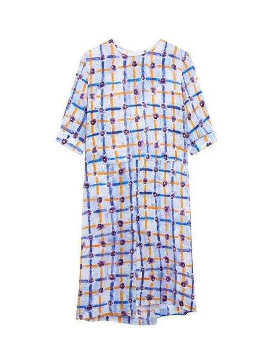 Floral Check Silk Dress Light Blue - MARNI - BALAAN 1