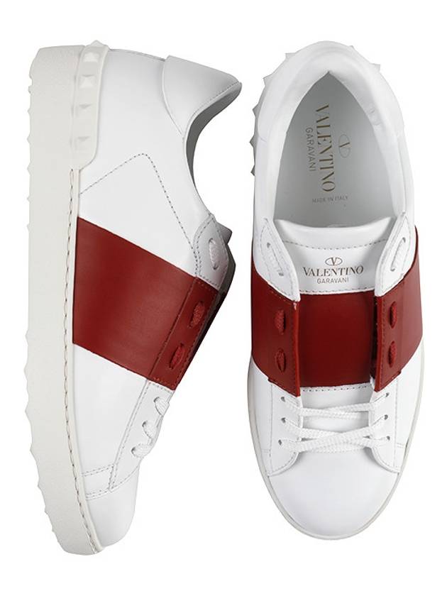 Men's Rockstude Open Leather Low Top Sneakers White Red - VALENTINO - BALAAN 2