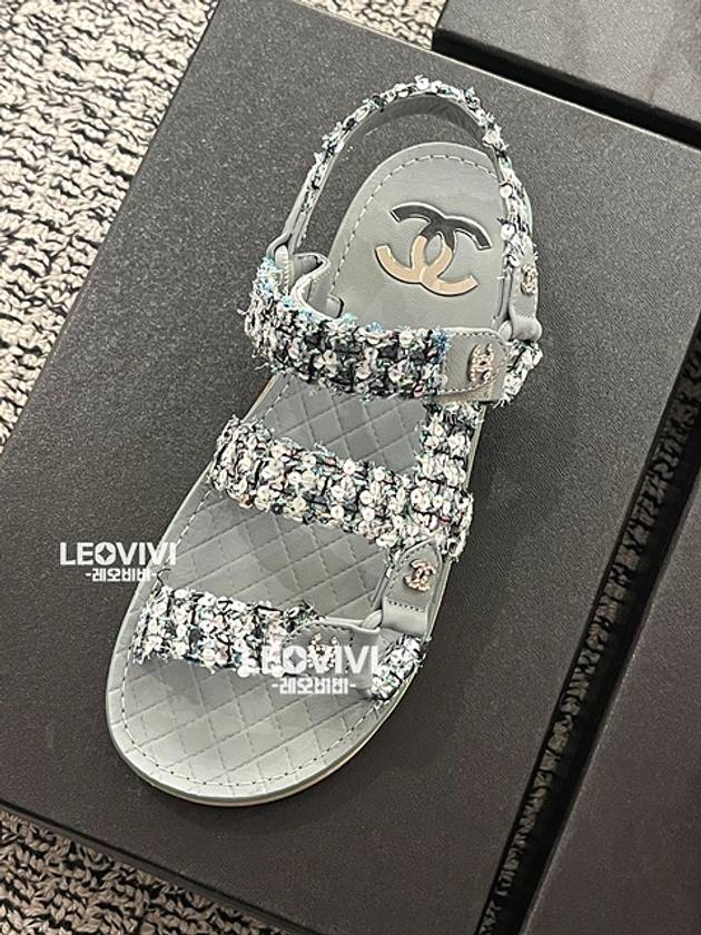 CC logo tweed strap velcro sandals light gray 36 G39986 - CHANEL - BALAAN 8