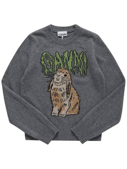 Graphic Wool Mix Bunny Crewneck Knit Top Grey - GANNI - BALAAN 2