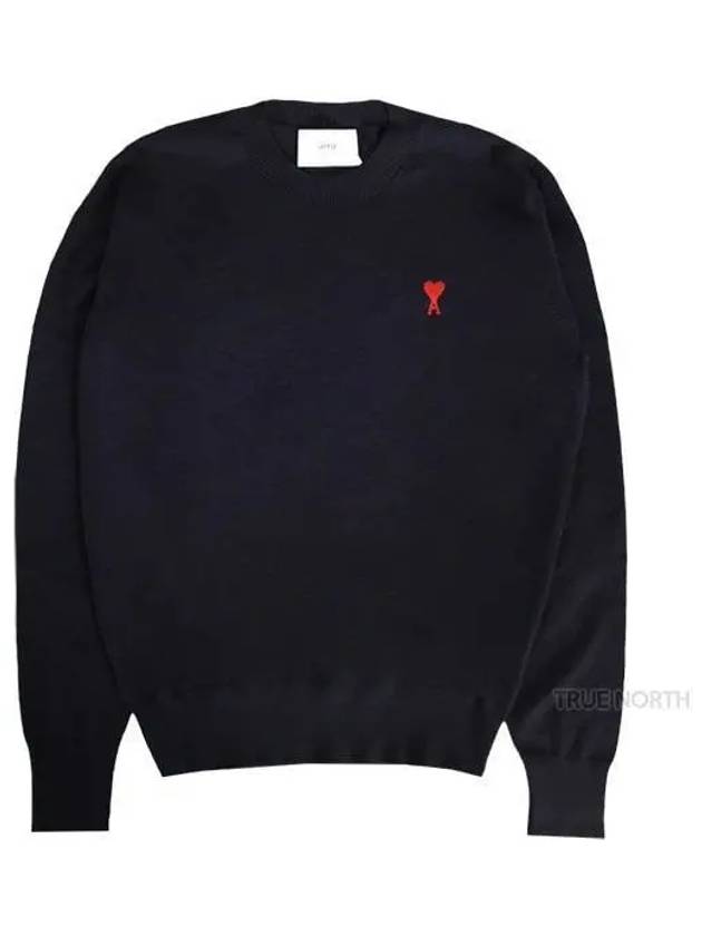 Heart Embroidered Logo Crew Neck Knit Top Navy - AMI - BALAAN 2