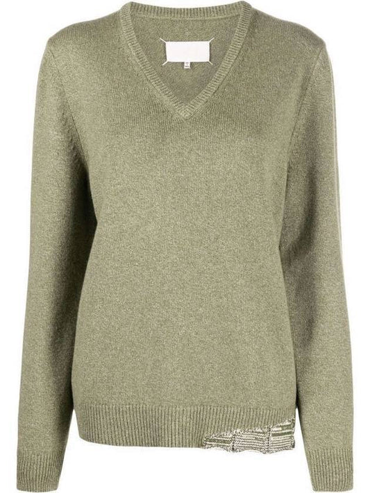 Back Stitch V-neck Wool Cashmere Knit Top Khaki - MAISON MARGIELA - BALAAN 1