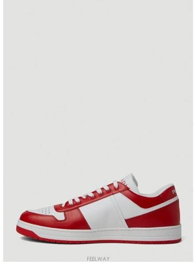 Men's Downtown Triangle Logo Leather Low Top Sneakers White Lacquer Red - PRADA - BALAAN 5