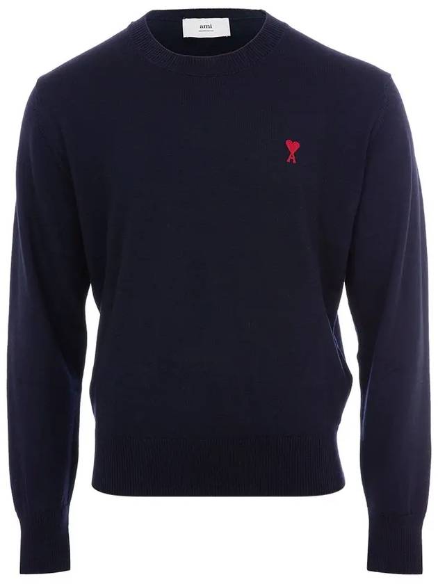 Heart Embroidered Logo Crew Neck Knit Top Navy - AMI - BALAAN 3