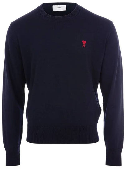 Heart Embroidered Logo Crew Neck Knit Top Navy - AMI - BALAAN 2