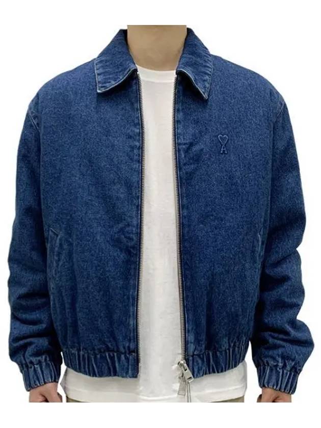 Heart Logo Zipper Denim Cotton Bomber Jacket Blue - AMI - BALAAN 2