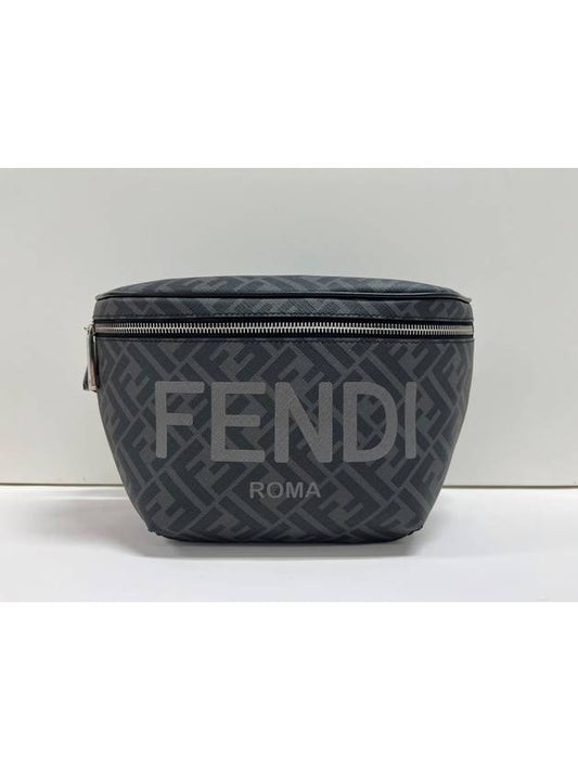 FF jacquard logo print fabric leather belt bag black gray - FENDI - BALAAN 2