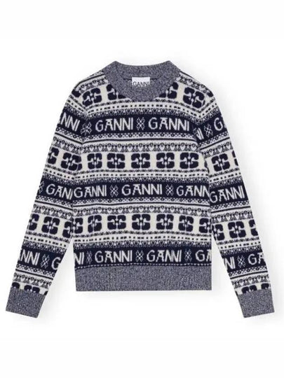 Logo Wool Mix O Neck Knit Top Sky Captain - GANNI - BALAAN 2