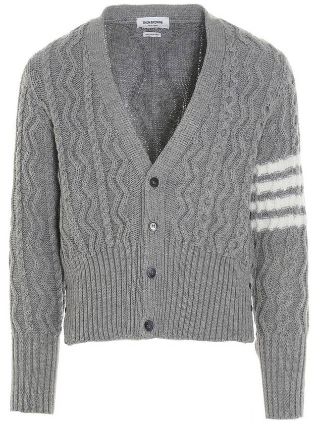 Classic Aran Cable V-neck Cardigan Light Grey - THOM BROWNE - BALAAN 1