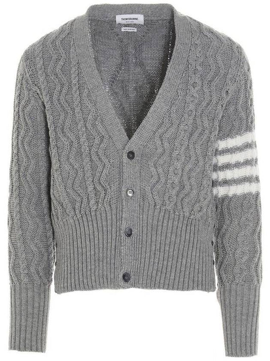 Classic Aran Cable V-neck Cardigan Light Gray - THOM BROWNE - BALAAN.