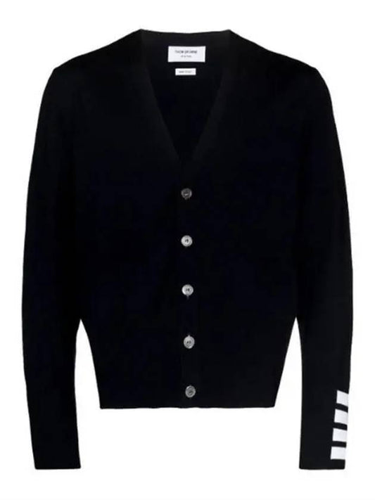 Men's Fine Merino Wool 4 Bar Cuff V-Neck Cardigan Navy - THOM BROWNE - BALAAN 2