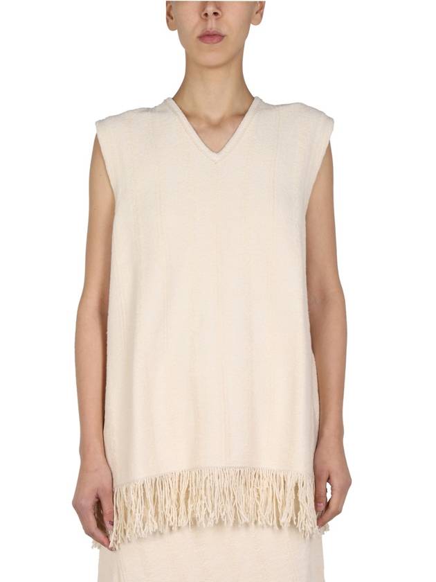 Women's V-neck Fringe Knit Sleeveless Beige - JIL SANDER - BALAAN 2