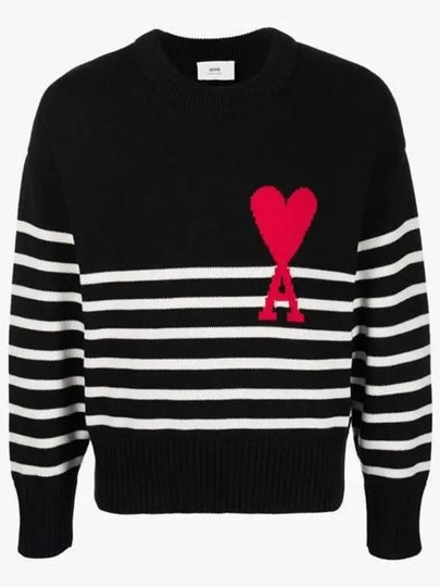 Striped Big Heart Logo Knit Top Black - AMI - BALAAN 2