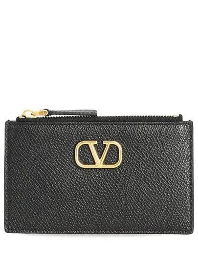 V Logo Zipper Grain Leather Card Wallet Black - VALENTINO - BALAAN 2