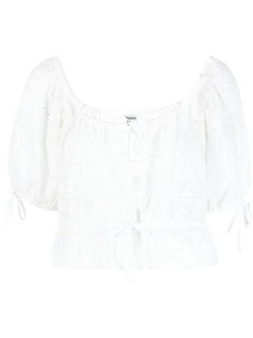 Ganni Broderie Anglaise Crop Blouse White - GANNI - BALAAN 1