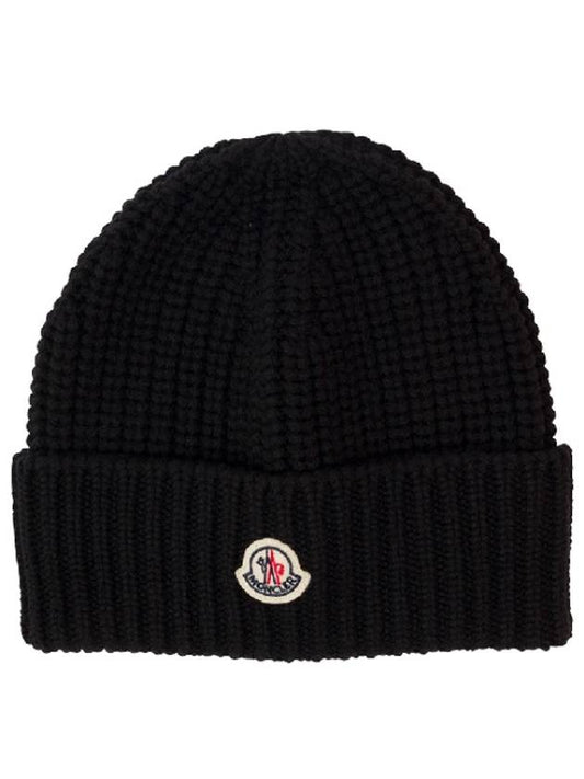 Logo Patch Wool Beanie Black - MONCLER - BALAAN 2