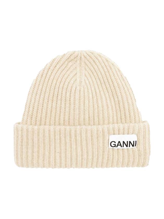 Logo Patch Knit Beanie Sand - GANNI - BALAAN.