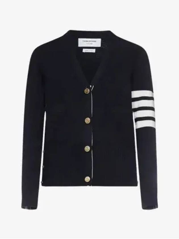 Milano Stitch 4 Bar Classic V Neck Fine Merino Wool Cardigan Navy - THOM BROWNE - BALAAN 3