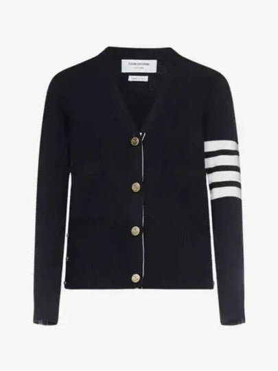 Milano Stitch 4 Bar Classic V Neck Fine Merino Wool Cardigan Navy - THOM BROWNE - BALAAN 2