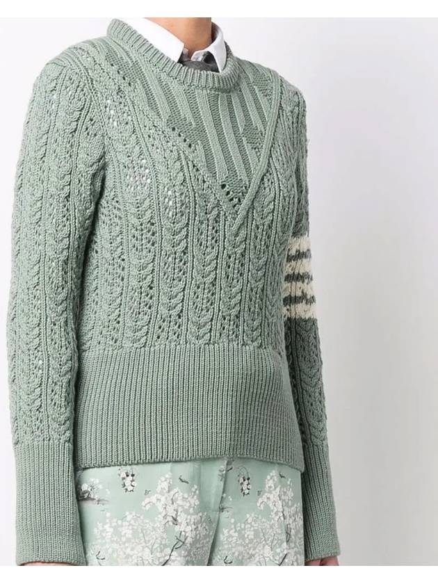 Women's 4 Bar Irish Pointelle Cable Merino Wool Knit Top Light Green - THOM BROWNE - BALAAN 3