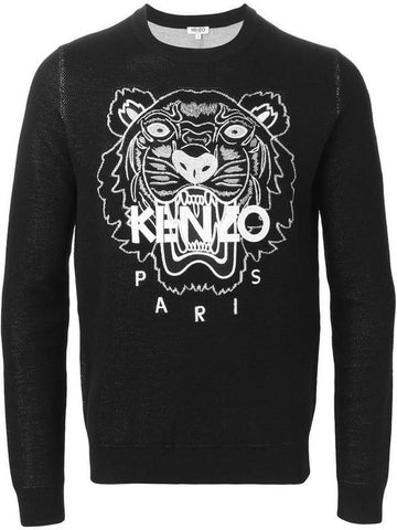 Embroidered Tiger Logo Wool Knit Top Black - KENZO - BALAAN 1