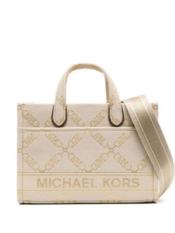 Gigi Small Metallic Empire Logo Jacquard Tote Bag Pale Gold Natural - MICHAEL KORS - BALAAN 1