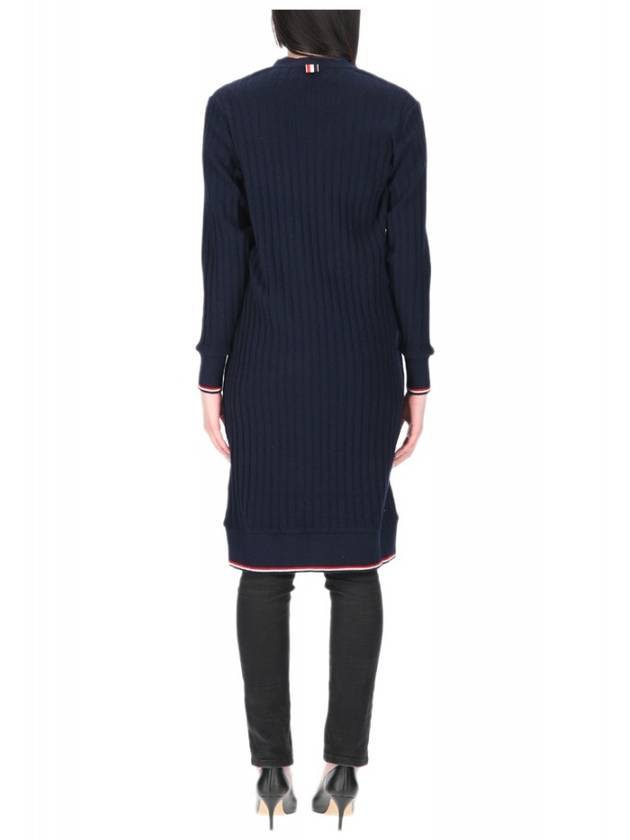 wide rib cashmere tip V-neck cardigan long dress navy - THOM BROWNE - BALAAN.