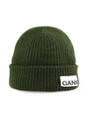 Logo Patch Ribbed Knit Beanie Khaki - GANNI - BALAAN 6