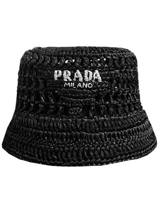 Embroidered Logo Raffia Bucket Hat Black - PRADA - BALAAN 1