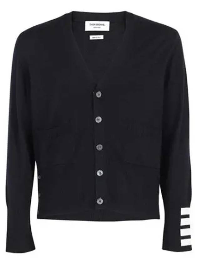 Men's Fine Merino Wool 4 Bar Cuff V-Neck Cardigan Navy - THOM BROWNE - BALAAN 2