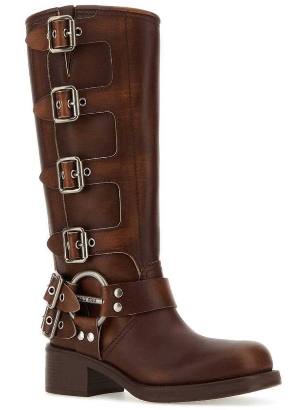 Buckle Detail Leather Long Boots Brown - MIU MIU - BALAAN 3