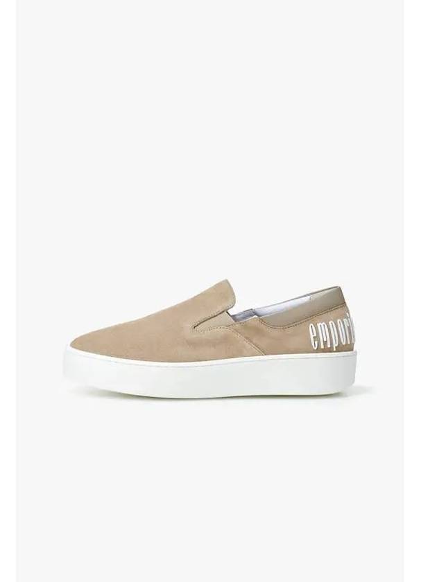 Women s Embossed Logo Suede Slip Ons Beige - EMPORIO ARMANI - BALAAN 1