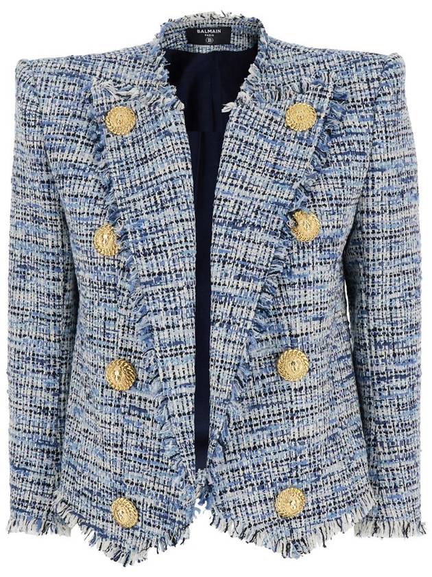 'Side To Side' Blue Jacket With Peak Revers And Jewel Buttons In Cotton Blend Woman - BALMAIN - BALAAN 1