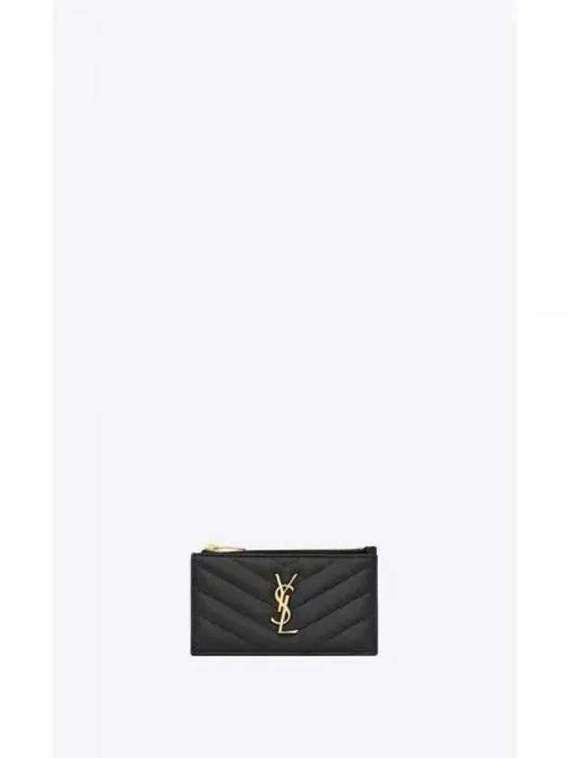 Monogram Logo Plaque Zip-Up Card Wallet Black - SAINT LAURENT - BALAAN 2