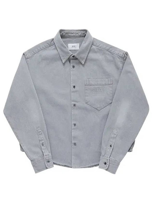 HSH136 DE0028 0555 Embossed Logo Washed Gray Denim Men s Shirt - AMI - BALAAN 2