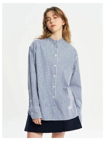 Women s oversized boxy fit shirt blouse southern striped cotton logo lettering embroidery denim blue ink domestic product - MAISON KITSUNE - BALAAN 1