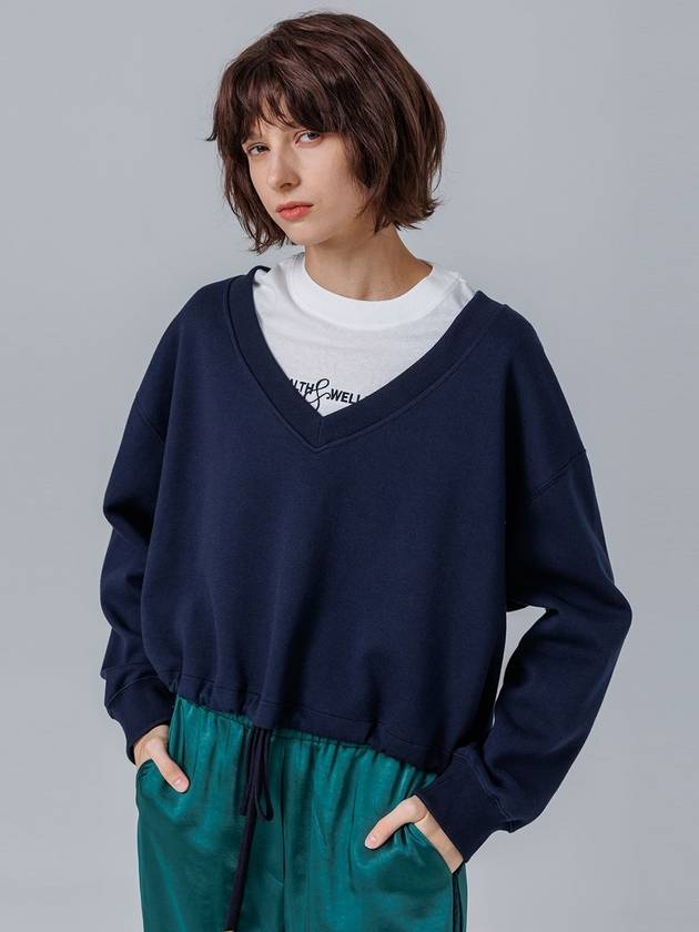 Women's Drawstring V-Neck Sweatshirt Navy - PAGE STUDIO - BALAAN 4