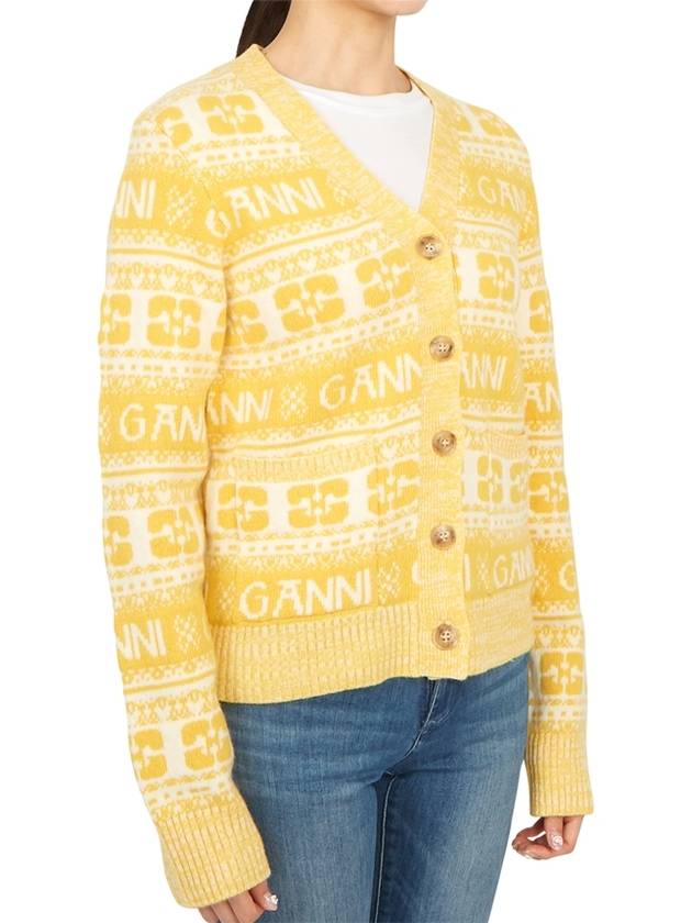 Intarsia Logo Wool V-Neck Cardigan Yellow - GANNI - BALAAN 4