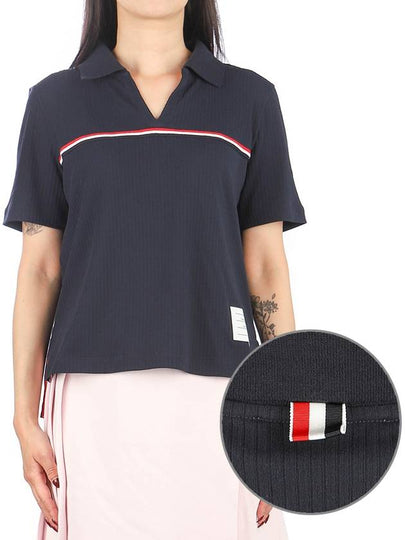 Three Stripes High Twist Rib Polo Shirt Navy - THOM BROWNE - BALAAN 2