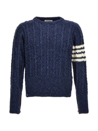 Donegal Twist Cable 4-Bar Classic Crewneck Knit Top Blue - THOM BROWNE - BALAAN 1