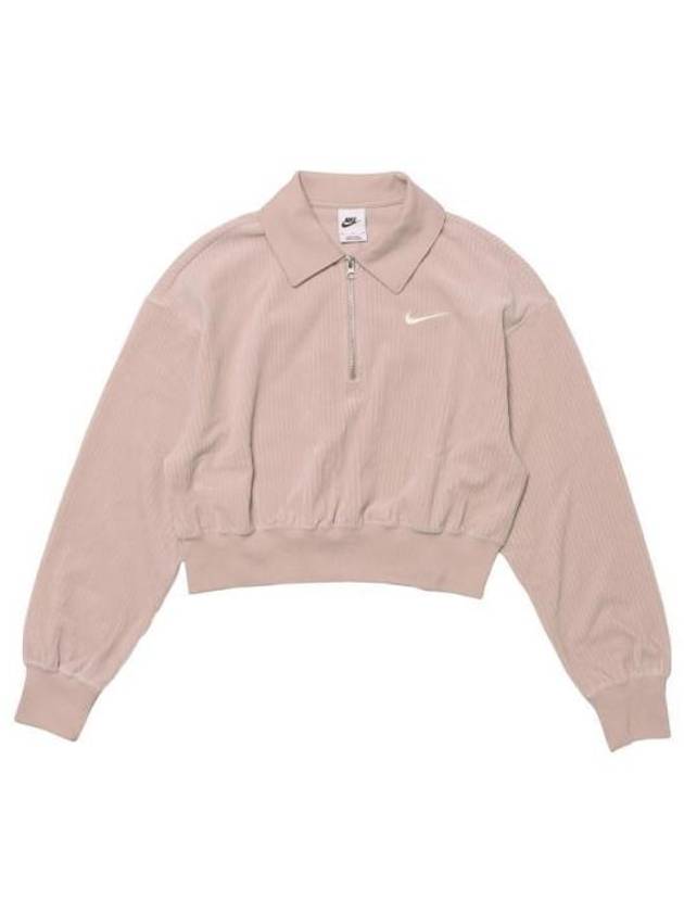 Women's Velour Cropped 1/4 Zip Long Sleeve T-Shirt Beige - NIKE - BALAAN 1