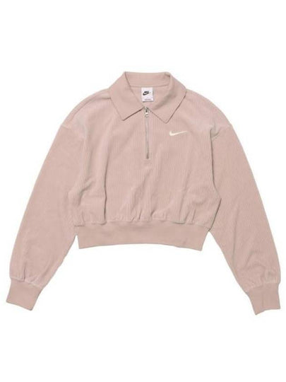 Women's Velour Cropped 1/4 Zip Long Sleeve T-Shirt Beige - NIKE - BALAAN 2