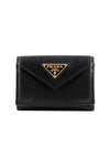 Vitello Move Triangle Logo Tri-Fold Half Wallet Black - PRADA - BALAAN 1