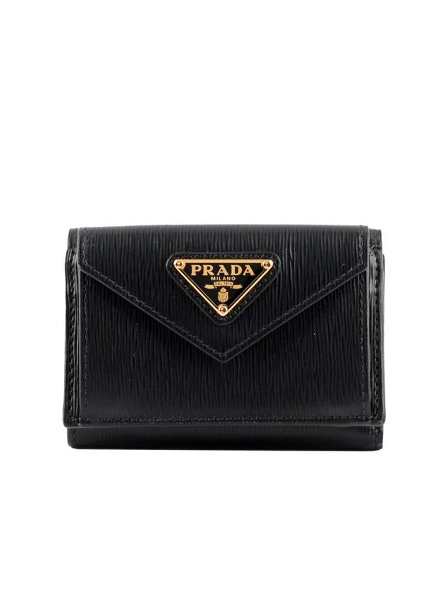 Vitello Move Triangle Logo Tri-Fold Half Wallet Black - PRADA - BALAAN 1