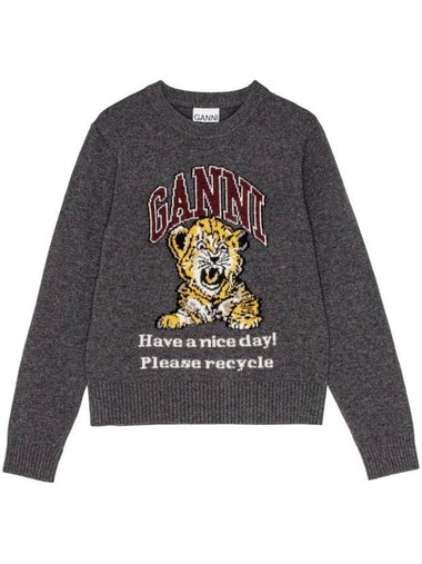 Graphic Wool Mix Tiger Crewneck Knit Top Grey - GANNI - BALAAN 1