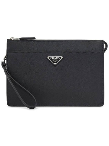 Saffiano Metal Triangle Logo Clutch Bag Black - PRADA - BALAAN.