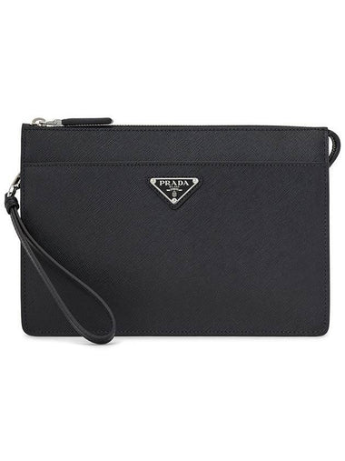 Triangle Logo Saffiano Leather Clutch Bag Black - PRADA - BALAAN 1