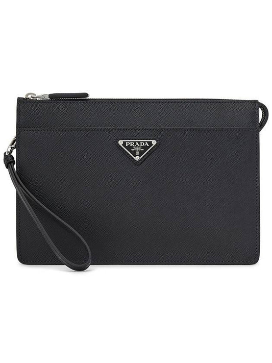 Saffiano Metal Triangle Logo Clutch Bag Black - PRADA - BALAAN 1